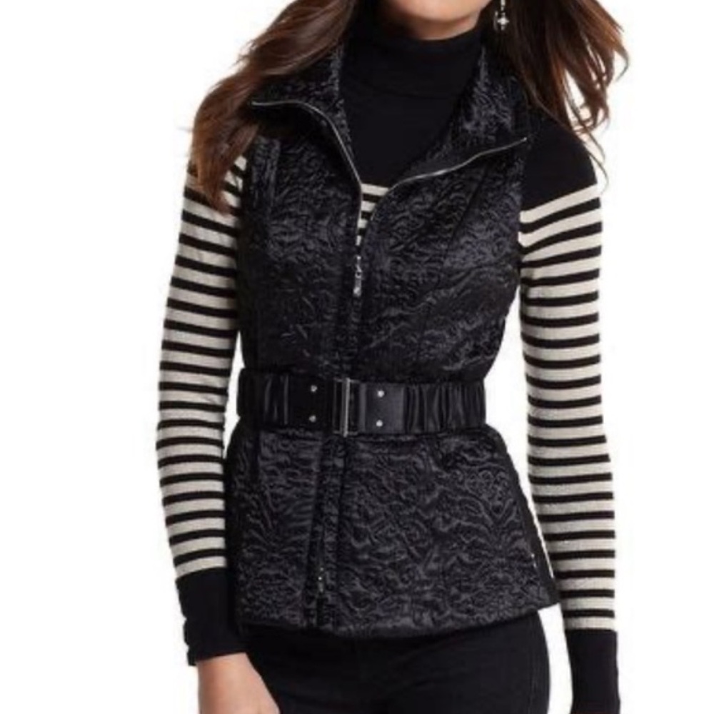 WHBM Black Embroidered Belted Ruffle Front Vest XS $148 NWOT